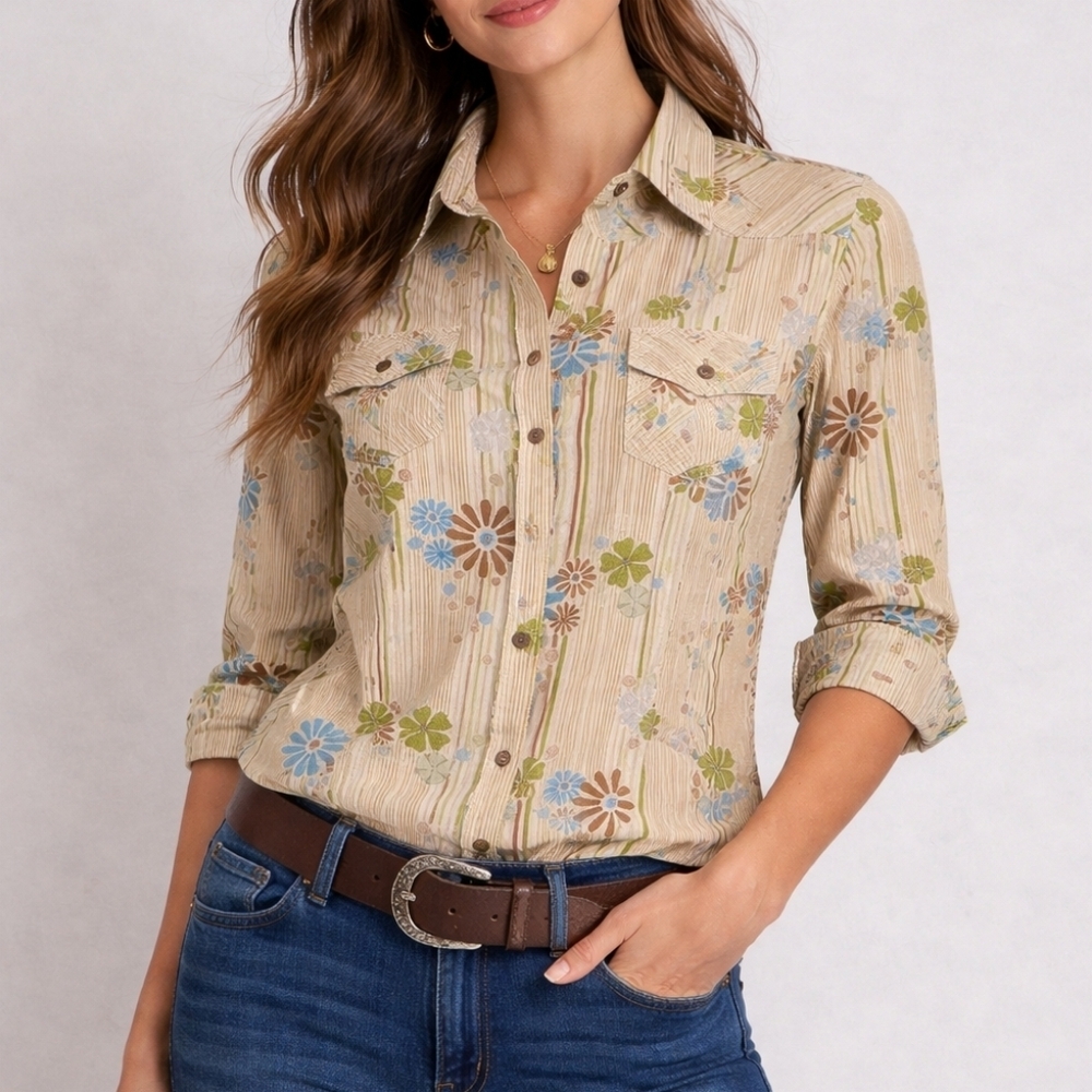 Fossil Floral MOD Coquette Snap Button Western Rodeo Show Shirt